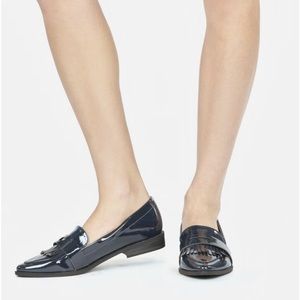 Pointed toe faux patent leather flat